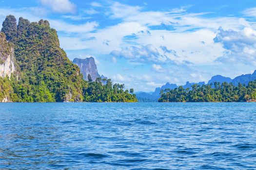 landscape Natural view mountain in water Ratchaprapa Dam and Cheow Larn Lake, Khao Sok nature beautiful in Thailand