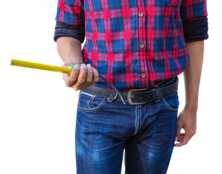 hand of engineer is holding tape measure on white background. construction concept