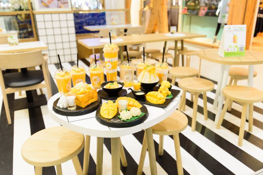 Bangkok, Thailand - 18  August, 2020 : Mockup model of Mango Juice menu in the table of Make Me Mango shop in Centralworld