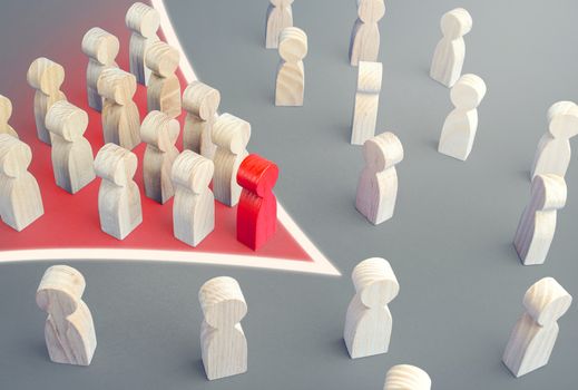 Arrow formation of leader with followers breaks through the crowd. Breaking new ground. Reform movement, political force. Public response. Cooperation, social movement. Consolidation