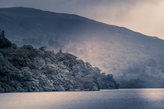 view of stormy skies north east across ullswater from glenridding