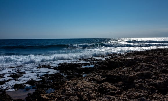 Rocky beach on the Mediterranean coast on the Akamas Peninsula on the island of Cyprus.