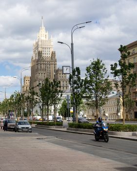 May 31, 2018, Moscow, Russia. Cars on the Garden ring in Moscow and a view of the building of the Ministry of foreign Affairs of the Russian Federation.