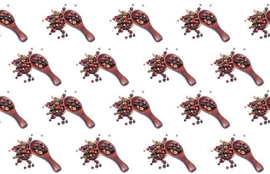 The seamless pattern of different kind of Peppercorns in wooden spoon