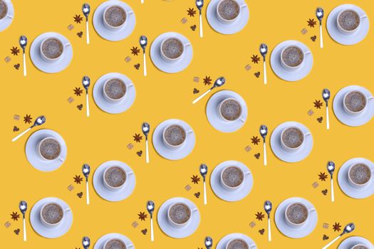 The pattern of a cup of coffee, spoon, coffee beans, sugar, anis on yellow background