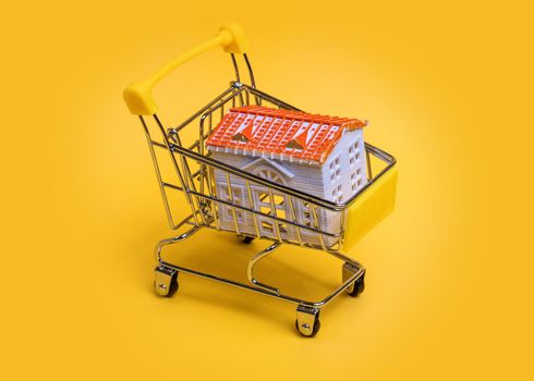 a shopping cart with a toy house on yellow background