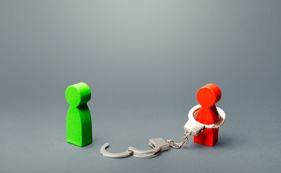 Green man is freed from captivity of red person. Finding freedom, stop slavery, respecting human rights. Ending a failed relationship. Liberalization. Disclaimer of commitments and promises. Break up