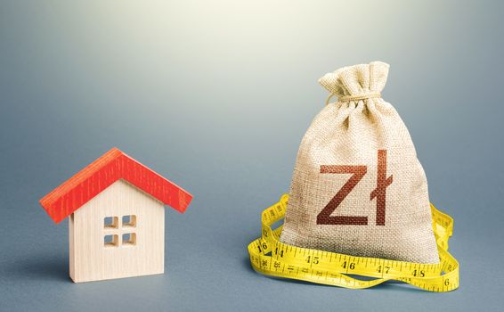 House and polish zloty money bag. Building maintenance. Calculation of expenses for purchase, construction and repair. Buying and selling, fair price. Mortgage loan. Property real estate valuation.