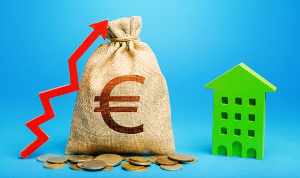Euro money bag with red up arrow and residential building. Return on investment. Increase in prices for apartments and housing. Municipal budget. Recovery and growth in property cost.