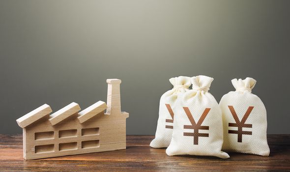 Yen Yuan money bags and industrial factory plant. Privatization and purchase of industrial complexes. Investment modernization, automation, reduction of the impact on environment. Supporting economy.