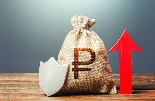 Russian ruble money bag with a shield and a red arrow up. Safety of investments savings. Increasing maximum amount of guaranteed insurance compensation for deposits. Financial stability.