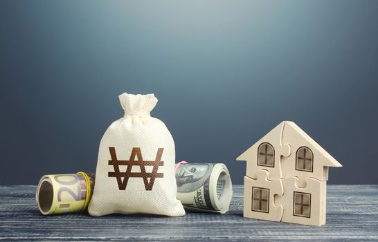 South korean won money bag and puzzle house. Mortgage loan on purchase, building maintenance and utility services costs. Housing cooperative membership. Property valuation. State social programs.