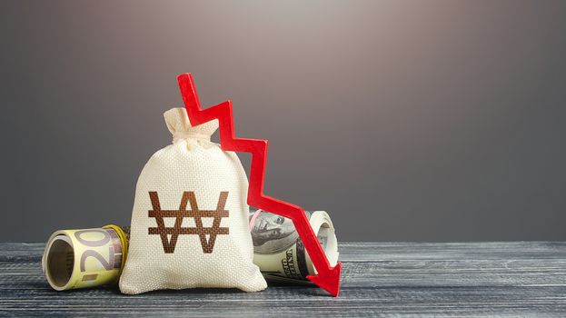 South korean won money bag and red down arrow. Economic difficulties fall. Capital flow, high risks. Stagnation, recession, declining business activity, falling wealth. Crisis, loss money savings.