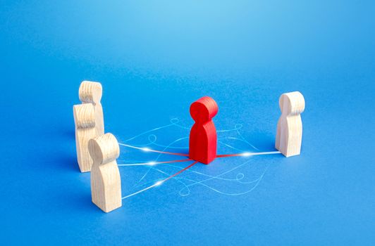 The red man acts as a mediator between people. Business mediation service. Simplification of the negotiation process, elimination of bureaucratic obstacles and barriers. Communication