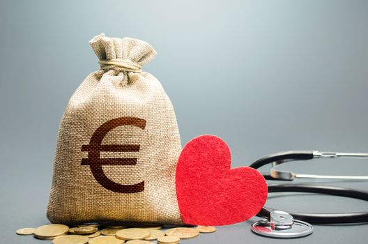 Euro money bag and stethoscope. Health life insurance and financing concept. Subsidies, investments. Funding healthcare system. Reforming and preparing for new challenges. Development, modernization.