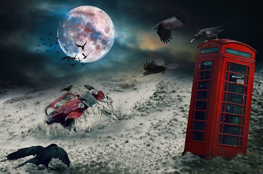 Scary dark atmosphere and creepy scenery with old car in the sand , red telephone booth, crows, cloudy sky. Scary Halloween concept. Photo manipulation.