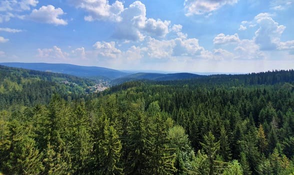 Landscape top view of the nature and forests of the Krkonose mountains (Giant Mountains) with dramatic sky.