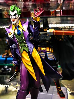 Osaka, Japan - Apr 23, 2019: Focused on fictional character figure from Arkham Asylum Joker figure out of toys shop.