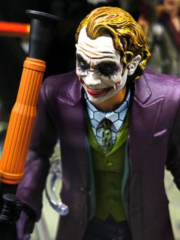 Osaka, Japan - Apr 23, 2019: Focused on fictional character figure from DC comics BATMAN The Dark Knight Joker figure out of toys shop.This figure 15cm size model.