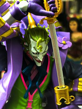Osaka, Japan - Apr 23, 2019: Focused on fictional character figure from DC comics BATMAN  Joker figure out of toys shop.