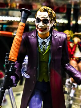 Osaka, Japan - Apr 23, 2019: Focused on fictional character figure from DC comics BATMAN The Dark Knight Joker figure out of toys shop.This figure 15cm size model.