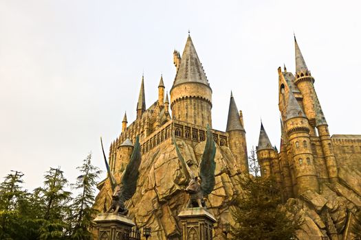 Osaka, Japan - Dec 02, 2017: View of Hogwarts castle at the Wizarding World of Harry Potter in Universal Studios Japan.