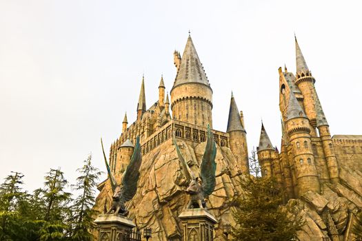 Osaka, Japan - Dec 02, 2017: View of Hogwarts castle at the Wizarding World of Harry Potter in Universal Studios Japan.