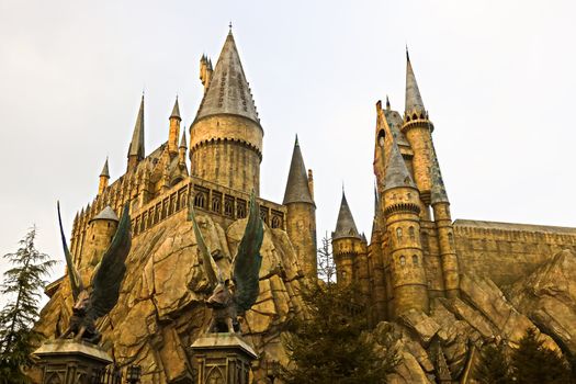 Osaka, Japan - Dec 02, 2017: View of Hogwarts castle at the Wizarding World of Harry Potter in Universal Studios Japan.