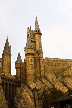 Osaka, Japan - Dec 02, 2017: View of Hogwarts castle at the Wizarding World of Harry Potter in Universal Studios Japan.