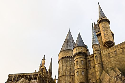 Osaka, Japan - Dec 02, 2017: View of Hogwarts castle at the Wizarding World of Harry Potter in Universal Studios Japan.