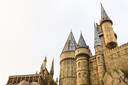 Osaka, Japan - Dec 02, 2017: View of Hogwarts castle at the Wizarding World of Harry Potter in Universal Studios Japan.