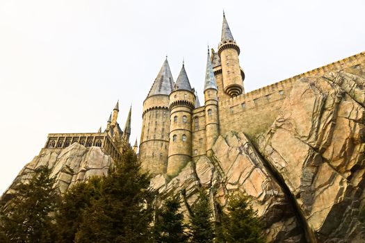 Osaka, Japan - Dec 02, 2017: View of Hogwarts castle at the Wizarding World of Harry Potter in Universal Studios Japan.