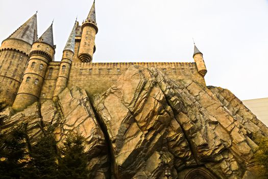 Osaka, Japan - Dec 02, 2017: View of Hogwarts castle at the Wizarding World of Harry Potter in Universal Studios Japan.