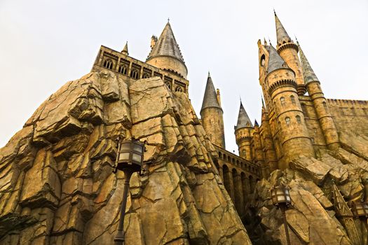 Osaka, Japan - Dec 02, 2017: View of Hogwarts castle at the Wizarding World of Harry Potter in Universal Studios Japan.