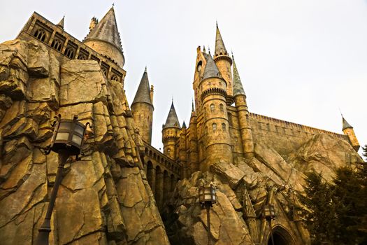 Osaka, Japan - Aug 15, 2020: View of Hogwarts castle at the Wizarding World of Harry Potter in Universal Studios Japan.