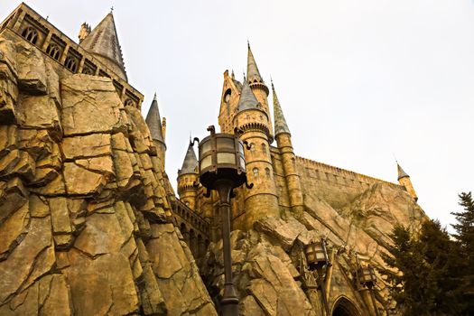 Osaka, Japan - Aug 15, 2020: View of Hogwarts castle at the Wizarding World of Harry Potter in Universal Studios Japan.