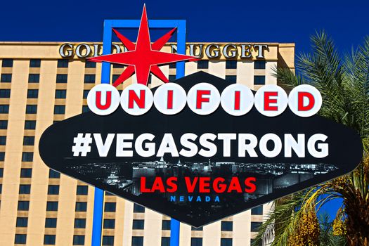 LAS VEGAS,NEVADA,USA - 10 OCT : The VEGAS STRONG sign on bright sunny day in Downtown Las Vegas background of Golden Nugget Hotel , Nevada USA,10 Oct 2017.