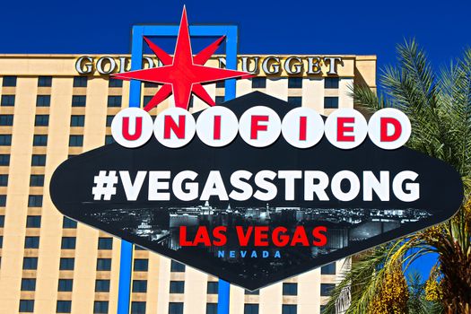 LAS VEGAS,NEVADA,USA - 10 OCT : The VEGAS STRONG sign on bright sunny day in Downtown Las Vegas background of Golden Nugget Hotel , Nevada USA,10 Oct 2017.