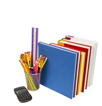 Vertical shot of a group of school supplies: books, calculator, and a wire pencil holder full of pencils and a ruler.  White background.  Copy space.

