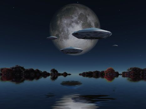 Flying saucers approach moon. Forest surrounded by water at the horizon. 3D rendering