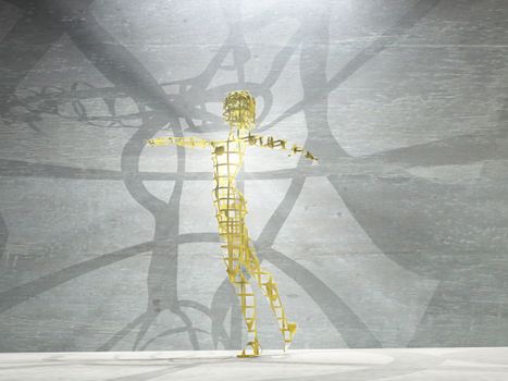 Woman figure made of gold with light rays. 3D rendering