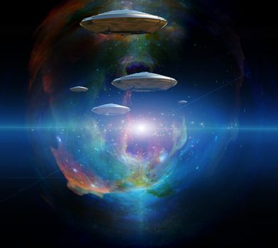 Flying saucers in colorful universe. 3D rendering