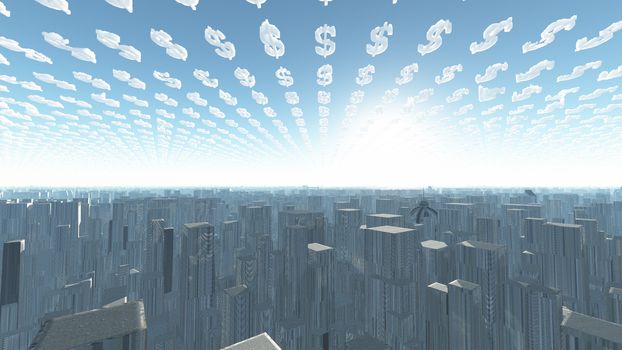 Surreal city is under the dollar clouds. 3D rendering