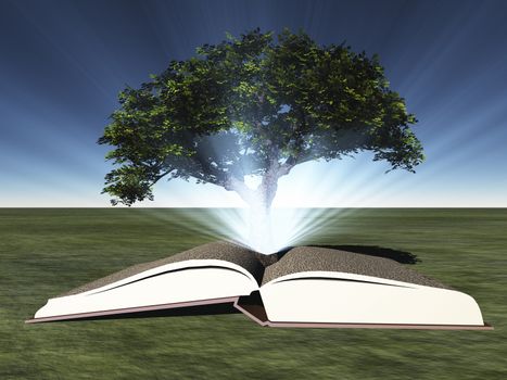 Surreal digital art. Green tree grows from open book