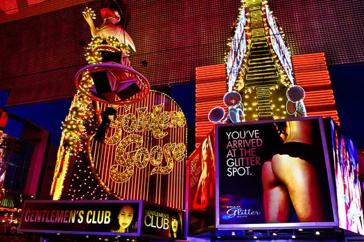 LAS VEGAS,NV - Sep 16, 2018: Golden Gate Hotel & Casino sign illuminated by night in Las Vegas. It is the oldest and smallest hotel located on the Fremont Street Experience.