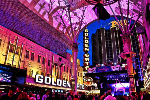 LAS VEGAS,NV - Sep 16, 2018: Golden Gate Hotel & Casino sign illuminated by night in Las Vegas. It is the oldest and smallest hotel located on the Fremont Street Experience.