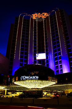 Las Vegas,NV/USA - Nov 01,2018 : Plaza Hotel and Casino on Fremont Street Experience in downtown Las Vegas.In the 1989 film, Back to the Future Part II, Biff Tannen's Pleasure Paradise Casino Hotel is based on the structure of this hotel.