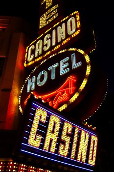 LAS VEGAS,NV - Sep 16, 2018: Golden Gate Hotel & Casino sign illuminated by night in Las Vegas. It is the oldest and smallest hotel located on the Fremont Street Experience.