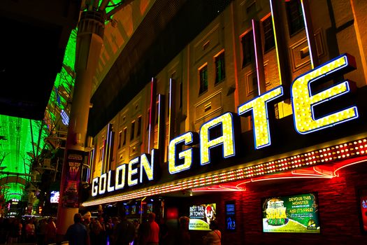 LAS VEGAS,NV - Sep 16, 2018: Golden Gate Hotel & Casino sign illuminated by night in Las Vegas. It is the oldest and smallest hotel located on the Fremont Street Experience.