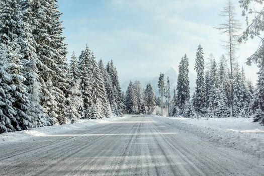 View from a car riding through snow covered winter road, trees on side, with mountain Krivan in distance. Podbanske, Slovakia